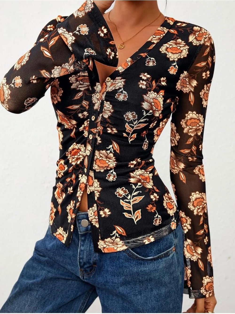Women's Floral Ruched Button-Front Blouse - Black with Orange Floral